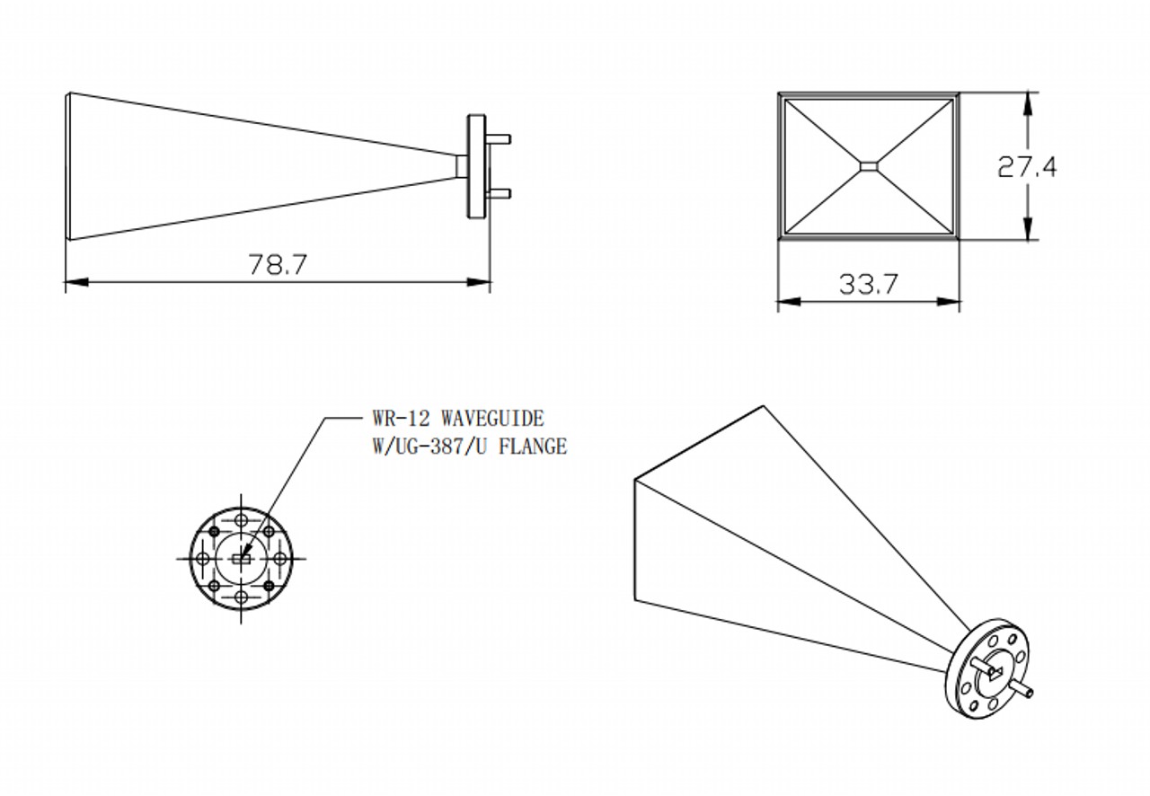 25 dBi Gain, 60 GHz to 90 GHz, WR-12 Waveguide Millimeter SGH Antenna OLB-12-25-Outline