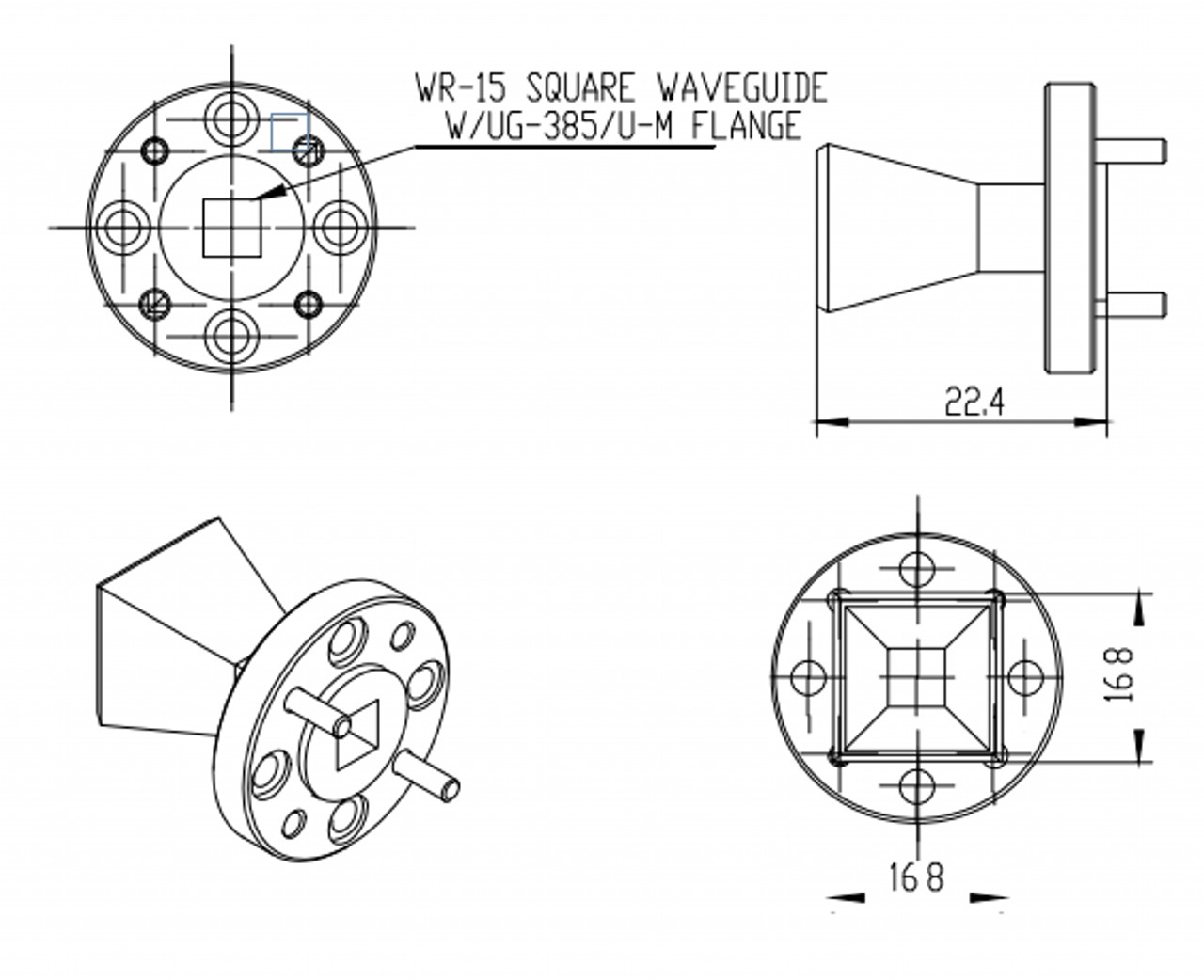 15 dBi Gain, 50 GHz to 75 GHz, WR-15 Waveguide Millimeter SGH Antenna OLB-15-15-Outline