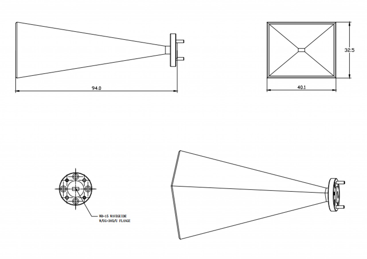 25 dBi Gain, 50 GHz to 75 GHz, WR-15 Waveguide Millimeter SGH Antenna .OLB-15-25-Outline