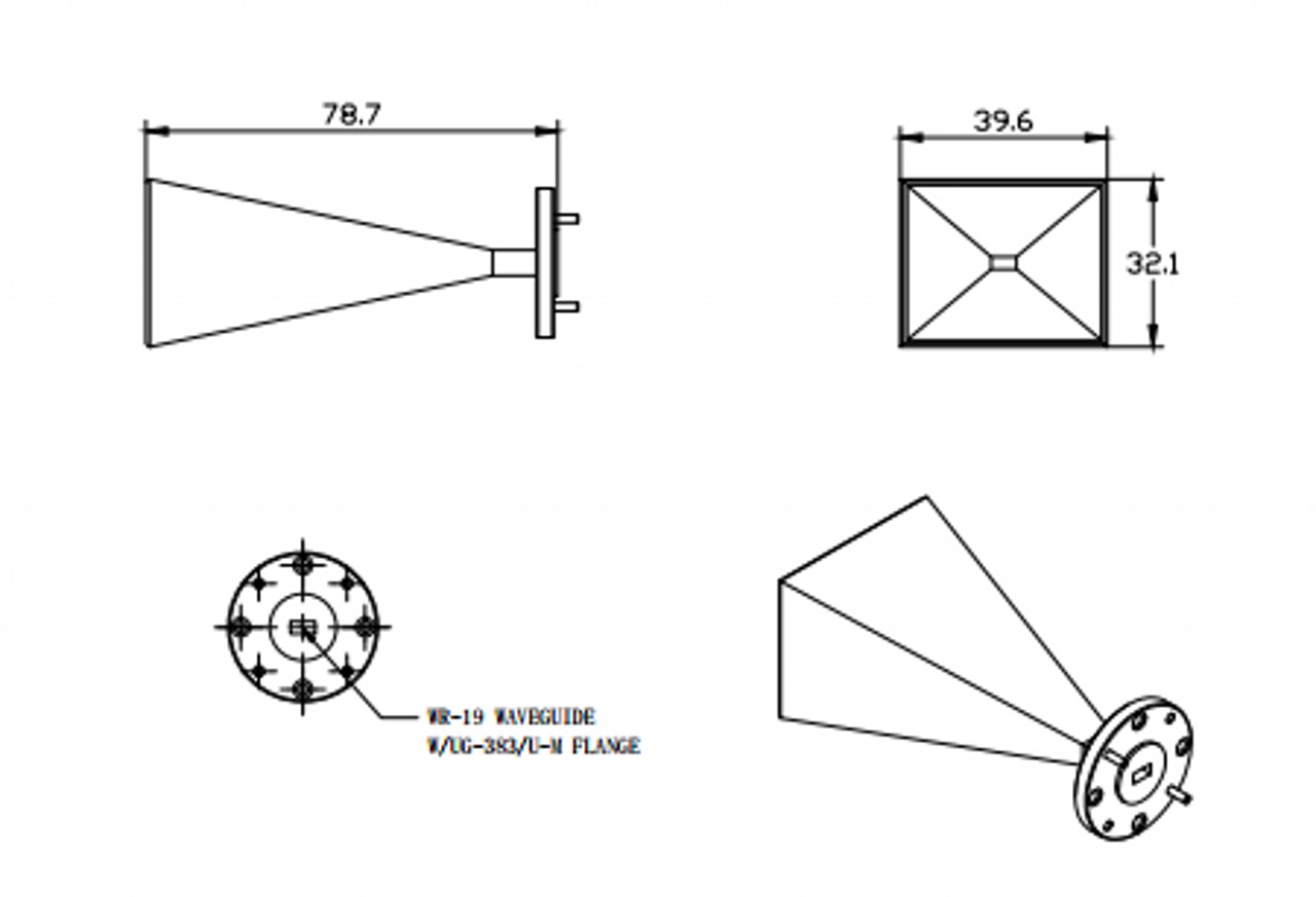 23 dBi Gain, 40 GHz to 60 GHz, WR-19 Waveguide Millimeter SGH Antenna-Outline