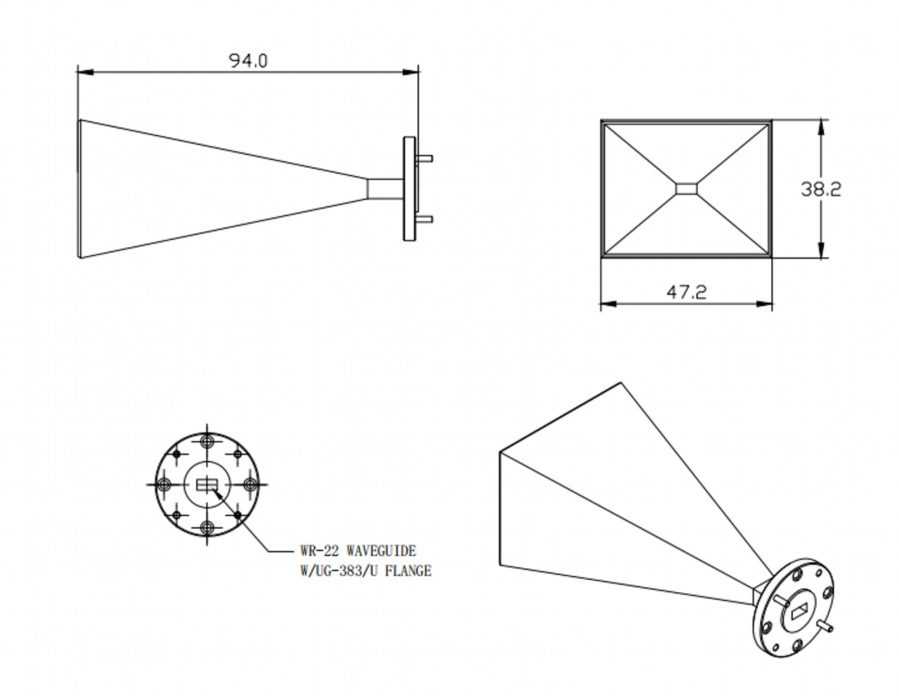 23 dBi Gain, 33 GHz to 50 GHz, WR-22 Waveguide Millimeter SGH Antenna OLB-22-23-Outline