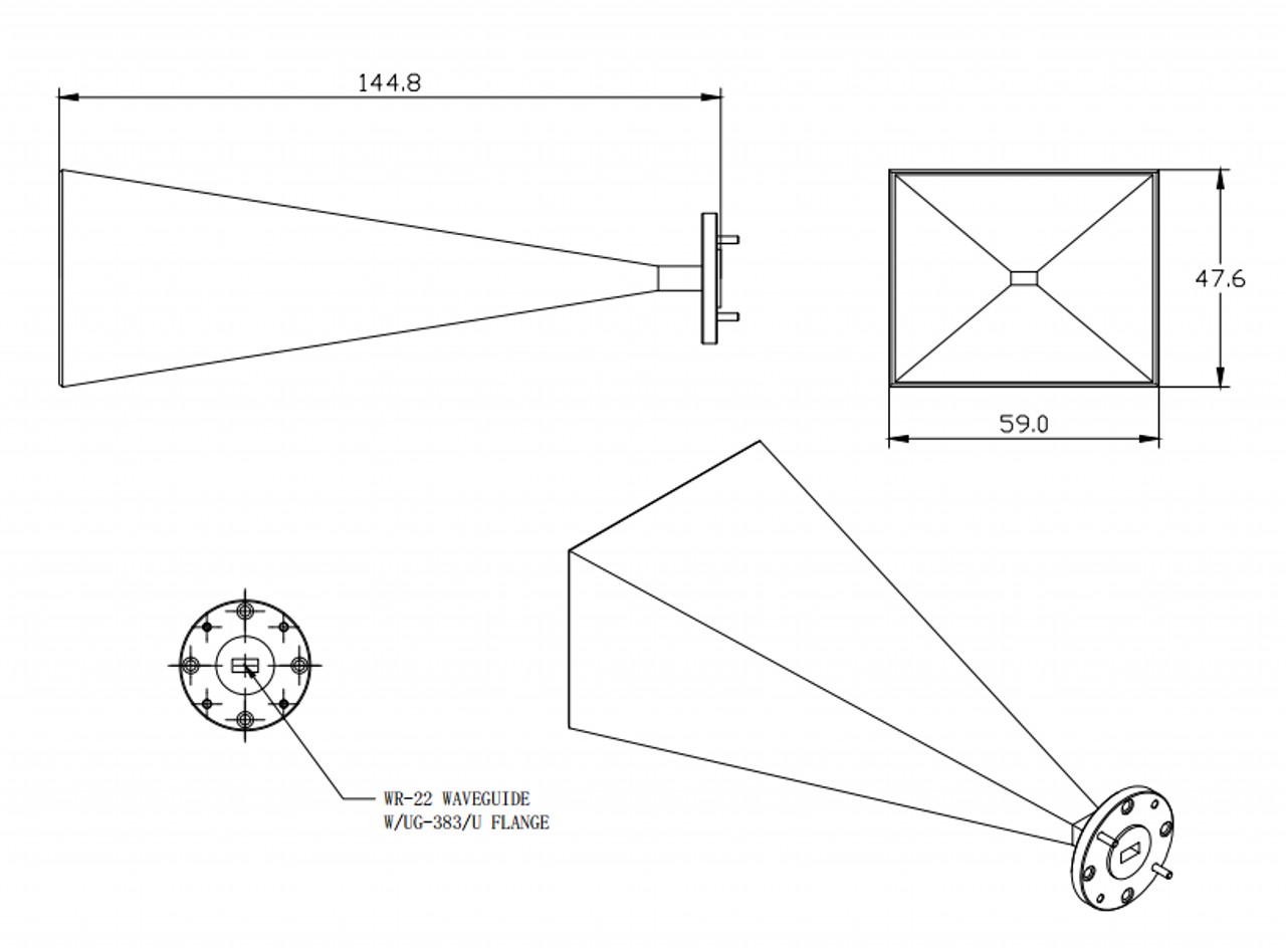 25 dBi Gain, 33 GHz to 50 GHz, WR-22 Waveguide Millimeter SGH Antenna OLB-22-25-Outline