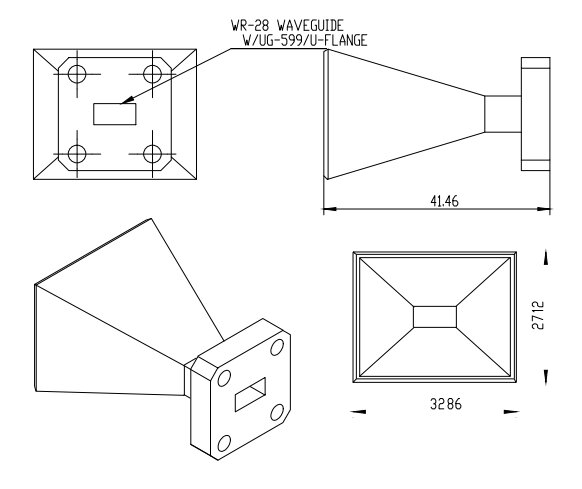 10 dBi Gain, 26.5 GHz to 40 GHz, WR-28 Waveguide Millimeter SGH Antenna.OLB-28-10-Outline