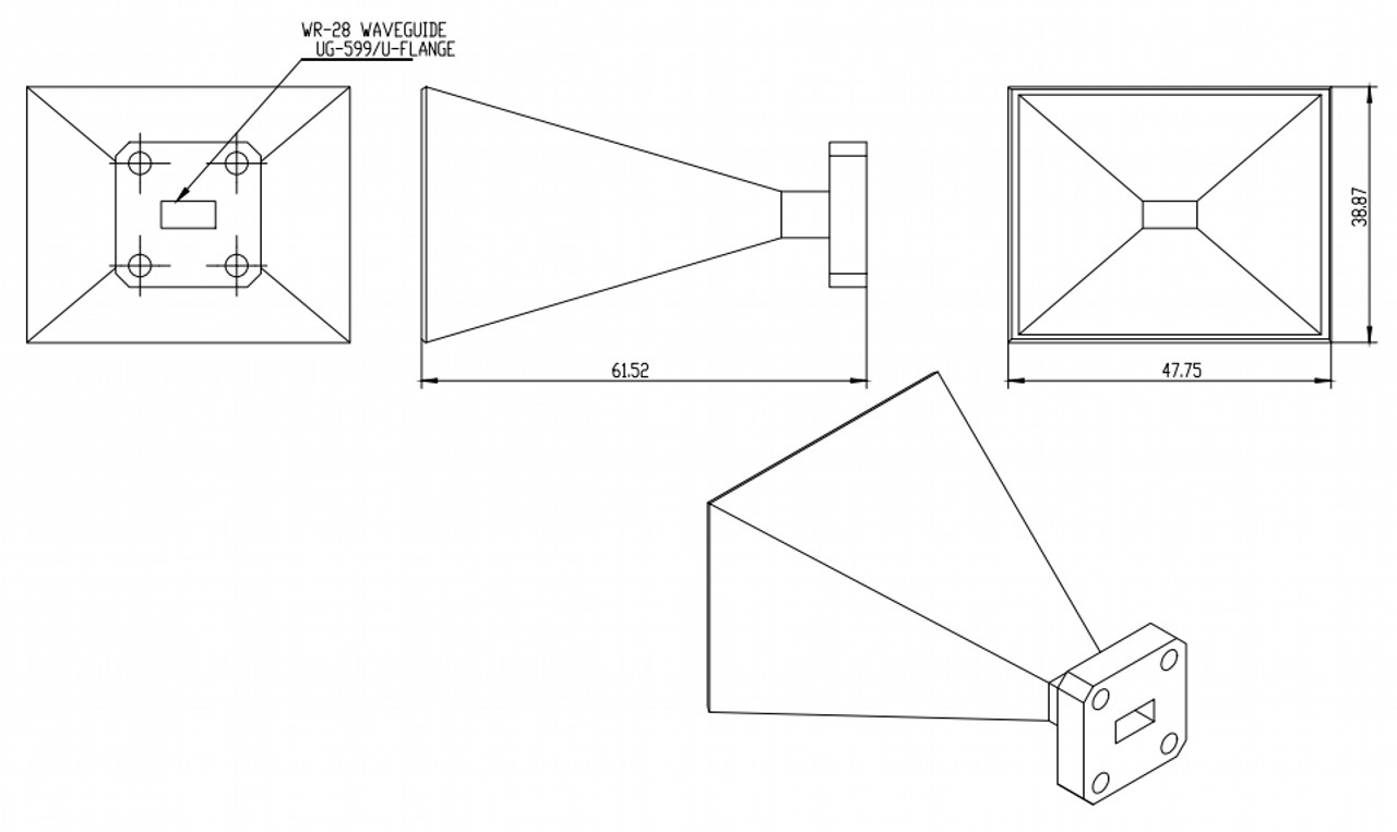 20 dBi Gain, 26.5 GHz to 40 GHz, WR-28 Waveguide Millimeter SGH Antenna OLB-28-20-Outline