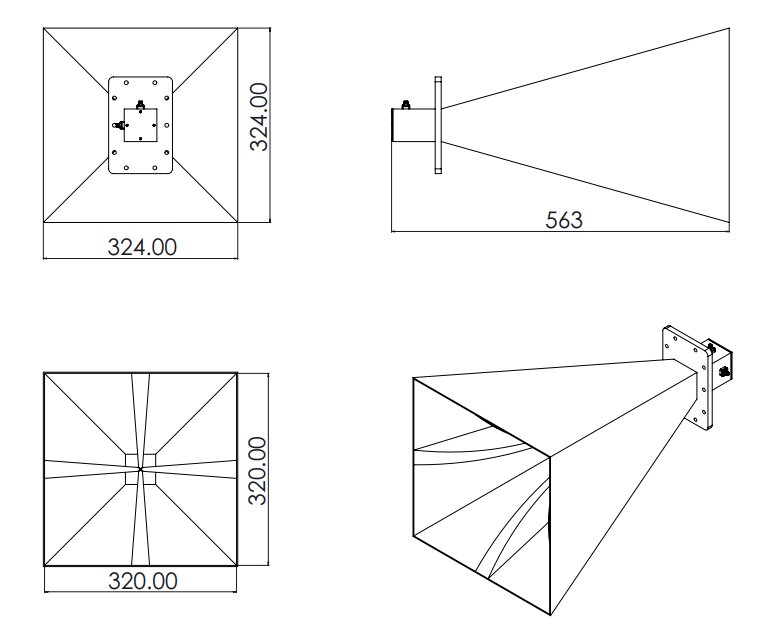 Dual Polarized Horn Antenna, 2 GHz to 6 GHz ODPA-2060-Outline
