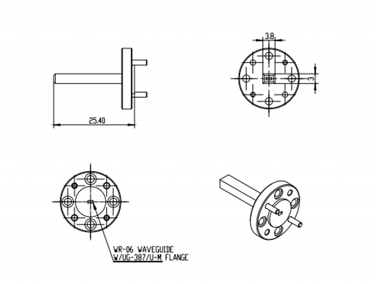 6.5 dBi Gain, 110 GHz to 170 GHz, WR-06 Waveguide Probe Antenna-Outline