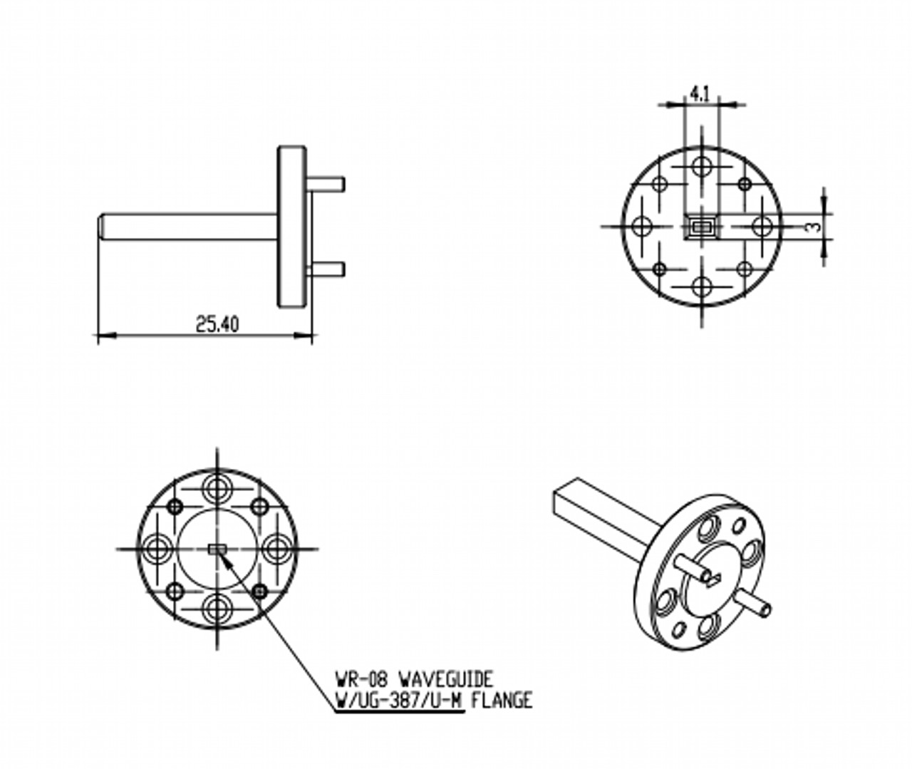 6.5 dBi Gain, 90 GHz to 140 GHz, WR-08 Waveguide Probe Antenna-Outline