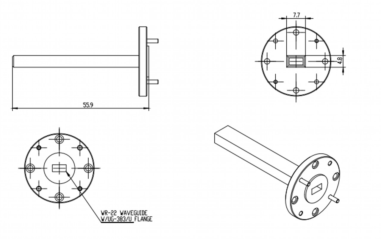 6.5 dBi Gain, 33 GHz to 50 GHz, WR-22 Waveguide Probe Antenna-Outline