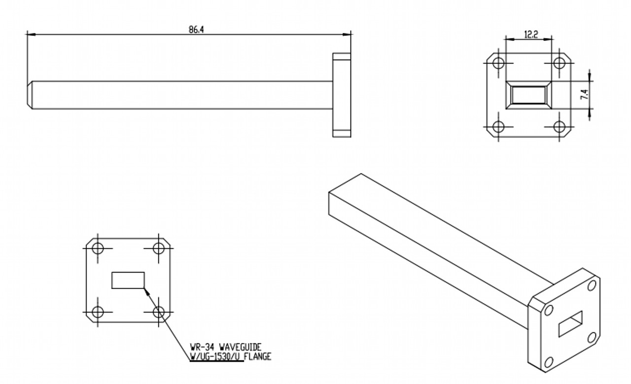 6.5 dBi Gain, 22 GHz to 33 GHz, WR-34 Waveguide Probe Antenna-Outline