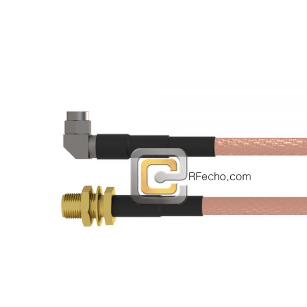 Right Angle SMA Male to SMA Female Bulkhead RG-58 Coax and RoHS F070-321R0-320S1-50-N Right Angle SMA Male to SMA Female Bulkhead RG-58 Coax and RoHS F070-321R0-320S1-50-N