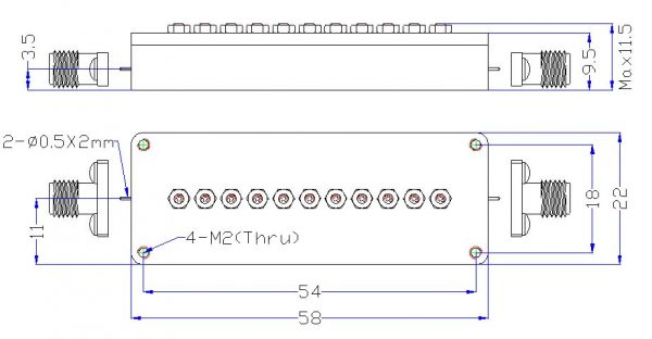 Bandpass Filter From 9.3GHz To 9.3GHz With SMA-Female Connectors dimensions