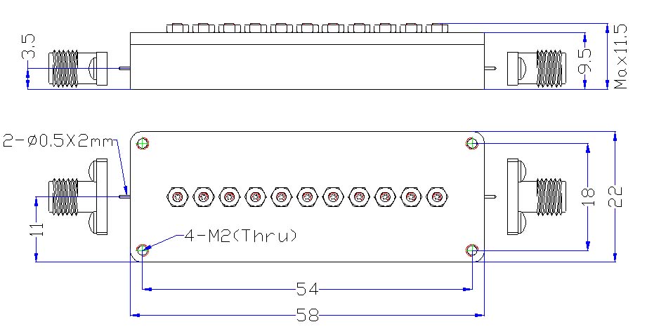 Bandpass Filter From 9.3GHz To 9.3GHz With SMA-Female Connectors dimensions