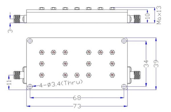 Bandpass Filter From 9.3GHz To 9.4GHz With SMA-Female Connectors dimensions