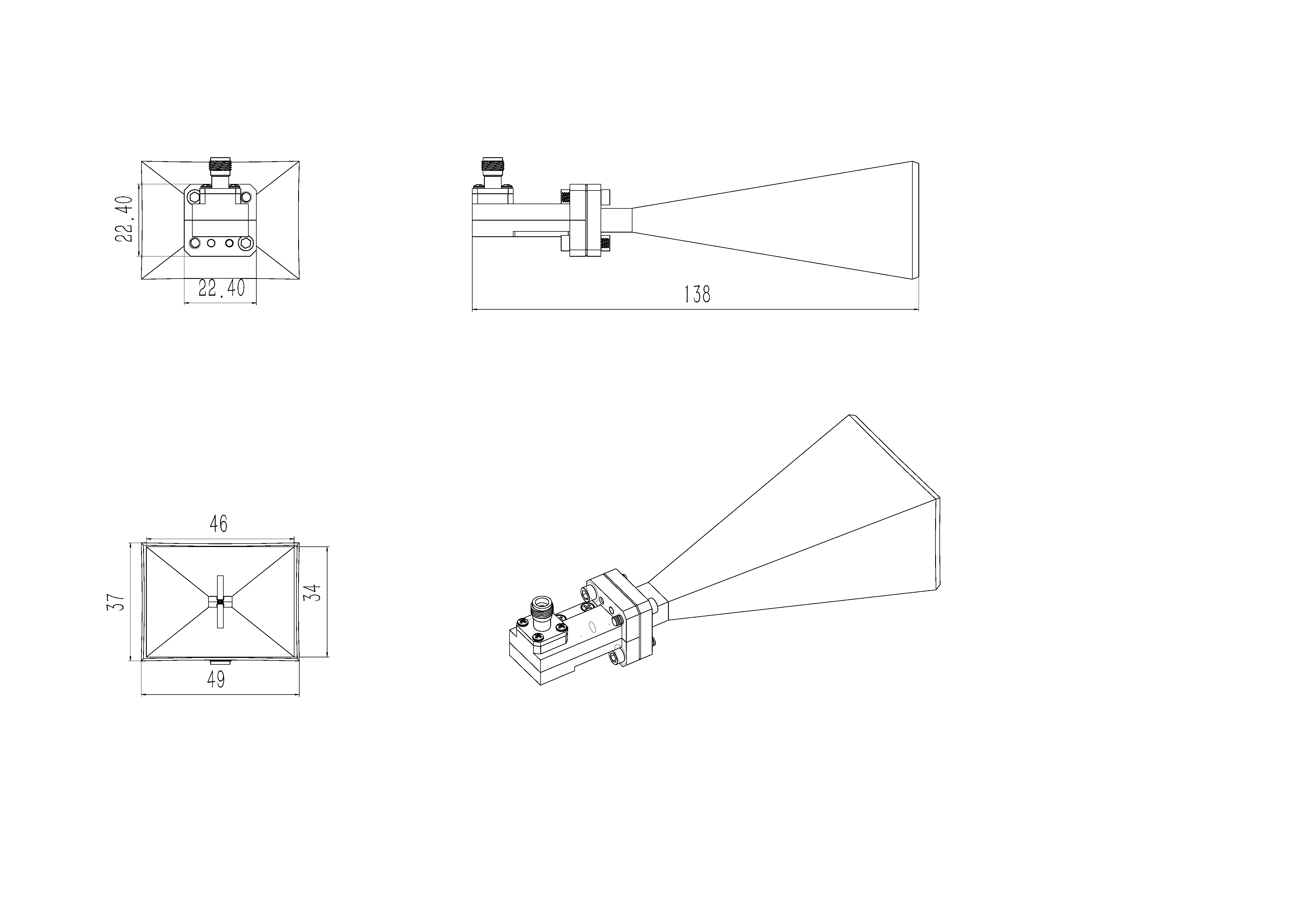 20 dBi Gain, 18 GHz to 50 GHz Broadband Dual Ridged Horn Antenna OBH-180500-20 20 dBi Gain, 18 GHz to 50 GHz Broadband Dual Ridged Horn Antenna OBH-180500-20