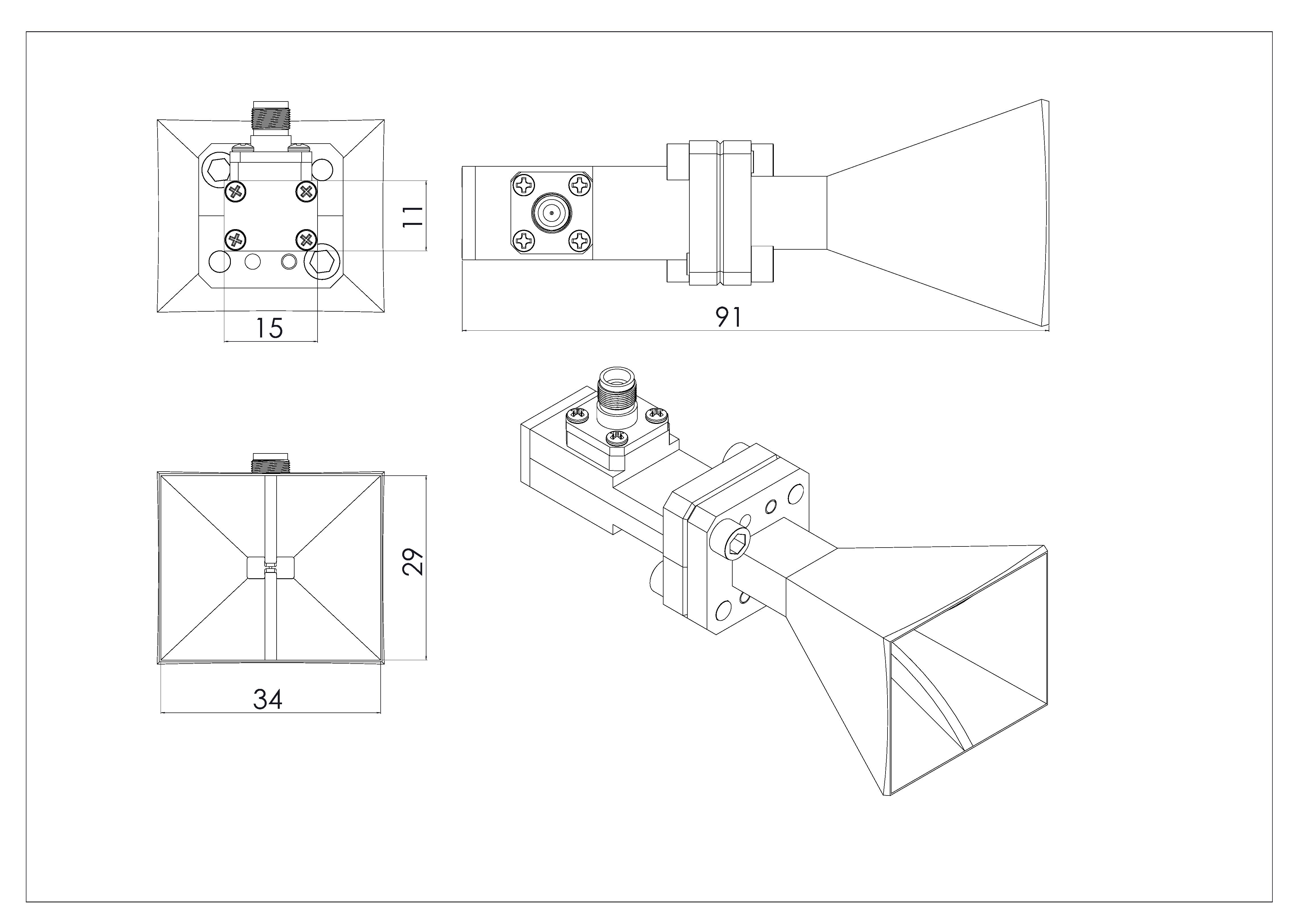 15 dBi Gain, 18 GHz to 40 GHz Broadband Dual Ridged Horn Antenna OBH-180400-15 15 dBi Gain, 18 GHz to 40 GHz Broadband Dual Ridged Horn Antenna OBH-180400-15