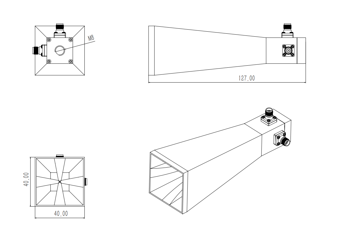 6 GHz to 18 GHz, 8 dBi to 15.6 dBi Gain，2 -2.92mm Connectors, Dual Polarized Horn Antenna ODPA-60180-40mm-Outline
