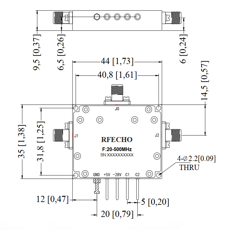 Absorptive Coaxial   SP2T Switch from 0.02GHz to 0.5GHz .OSR0200020050A
