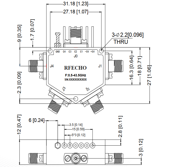 Absorptive Coaxial   SP4T Switch from 0.5GHz to 43.5GHz .OSA0400504350A