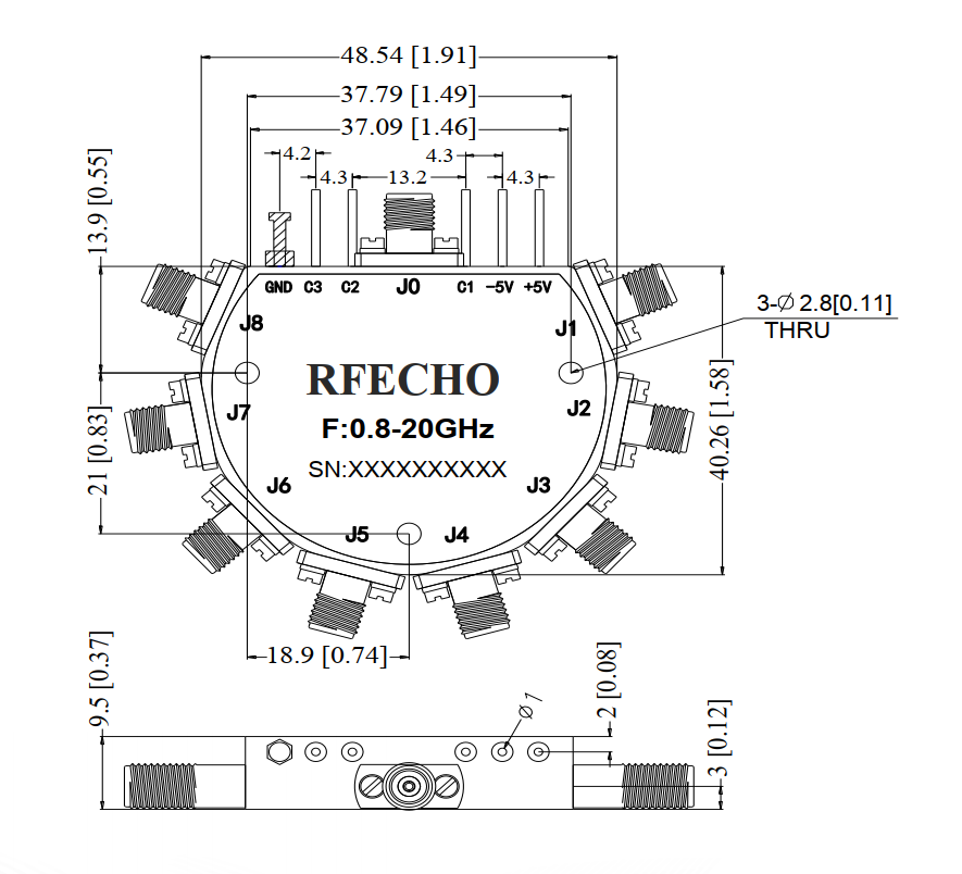 Absorptive Coaxial   SP8T Switch from 0.8GHz to 20GHz .OSR0800802000A