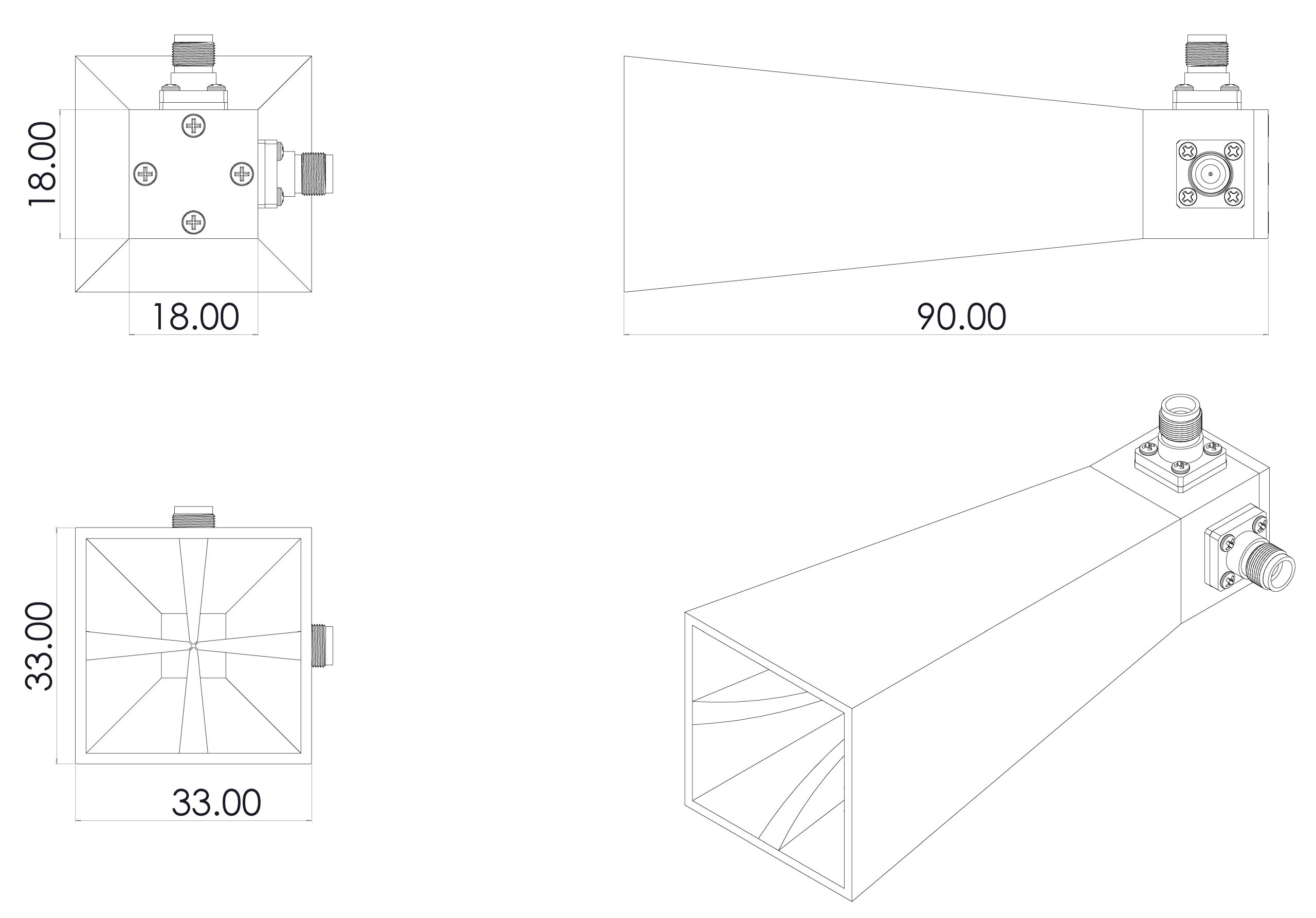 18 GHz to 40 GHz 13-18dBi gain ,30 dB Isolation,  2.92mm Connectors, Dual Polarized Horn Antenna ODPA-180400-30mm-Outline