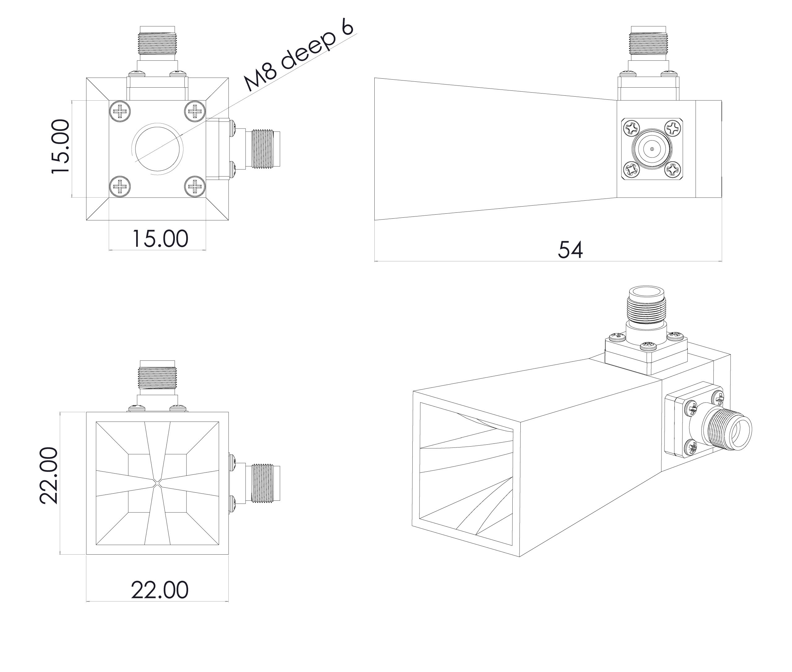 22 GHz to 44 GHz, 15 dBi to 20 dBi Gain, Dual Polarized Horn Antenna, 2 -2.4mm Connectors, Dual Polarized Horn Antenna ODPA-220440-Outline