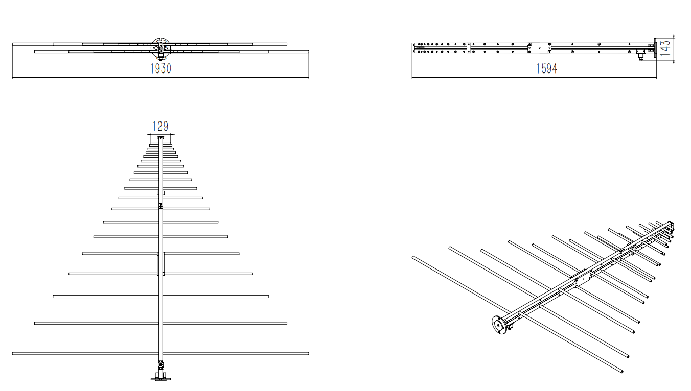 7.5 dBi Gain, 0.08GHz to 1GHz, Log-Periodic Antenna OLP-00810-Outline