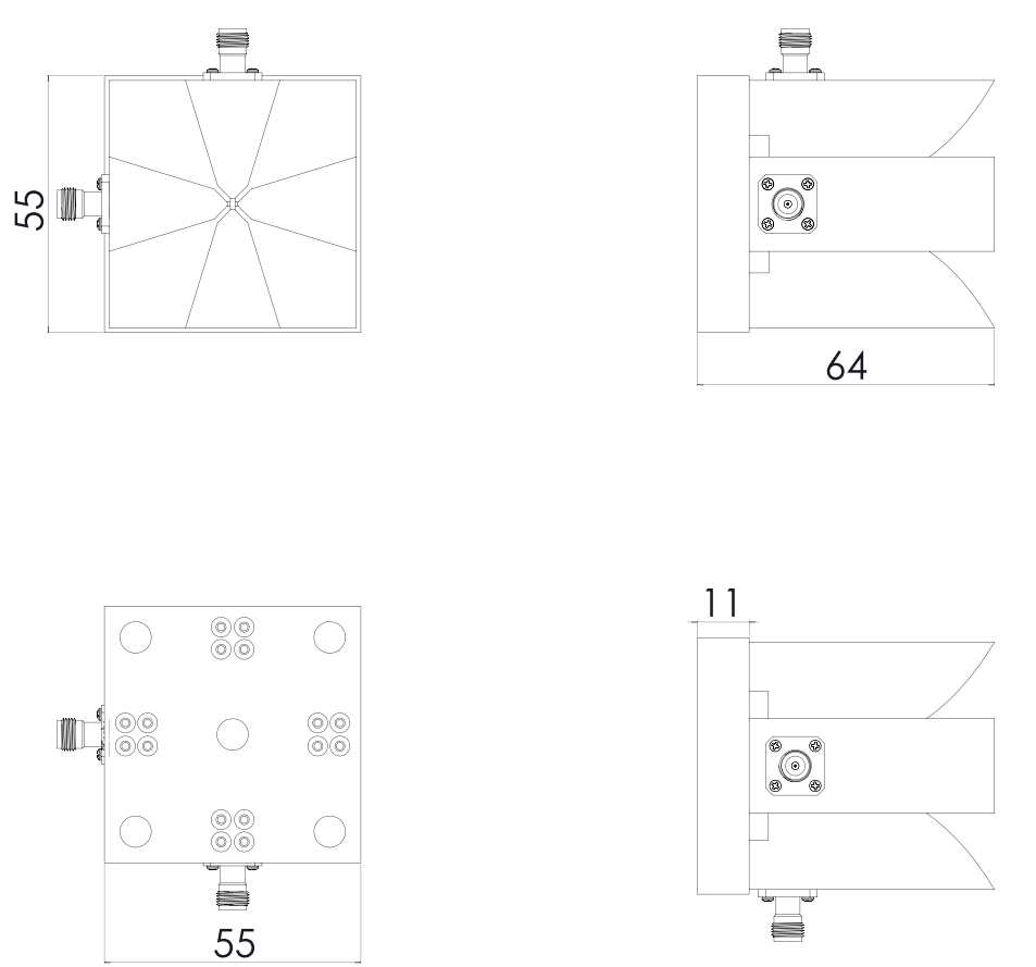 1.5-7.5 dBi Gain, 2GHz to 6GHz, Dual Polarized Horn Antenna ODPA-2060-LEGO-Outline