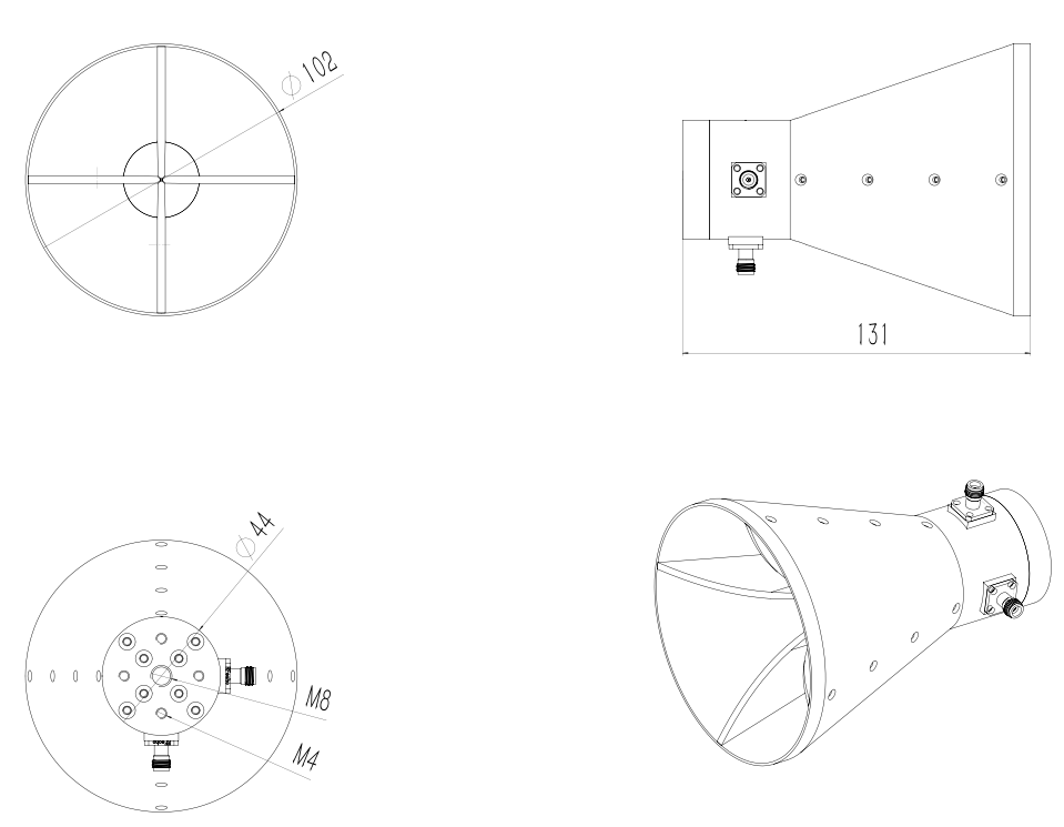 11-16 dBi Gain, 6GHz to 18GHz, Dual Polarized Horn Antenna ODPA-60180-C-Outline