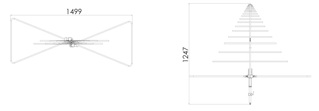 8.5 dBi Gain, 0.03GHz to 1.5GHz, Log-Periodic Antenna OLP-00315-Outline