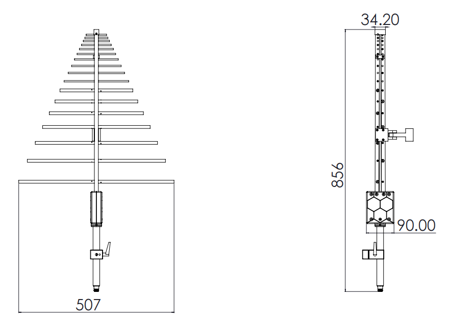 6.7 dBi Gain, 0.2GHz to 3GHz, Log-Periodic Antenna OLP-230-Outline