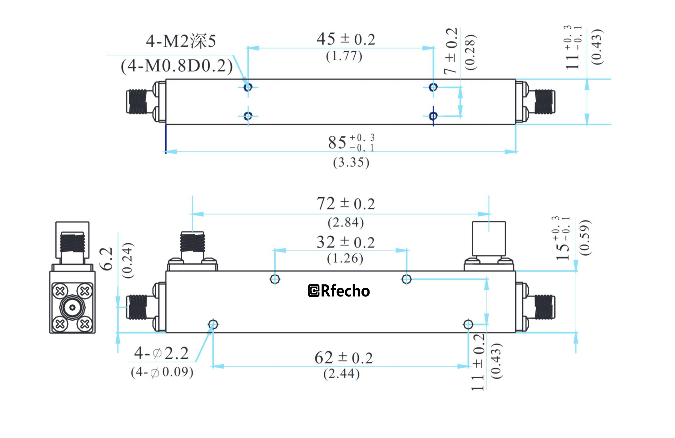 0.8-2.5GHz 0.4dB OCP-A1 Series General Purpose Directional Coupler-Outline