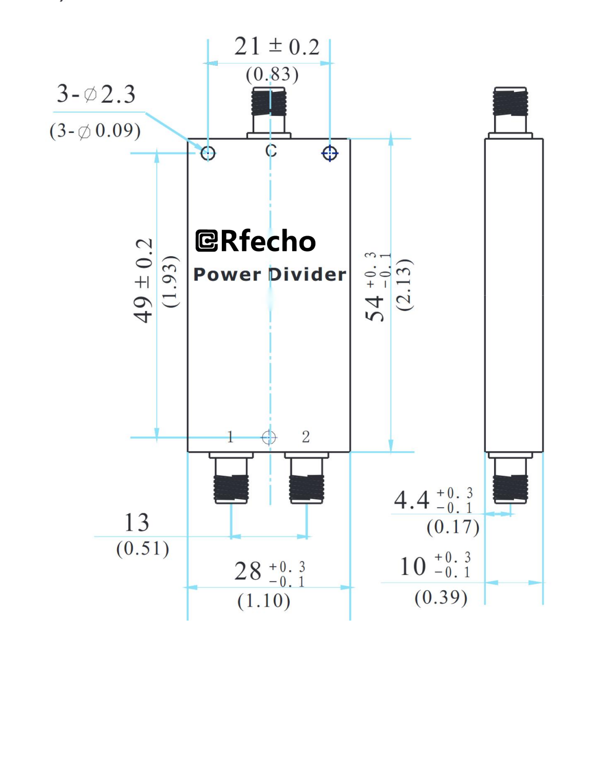 0.5-2GHz Insertion Loss 0.50dB SMA Connector 0° Power Divider-Outline