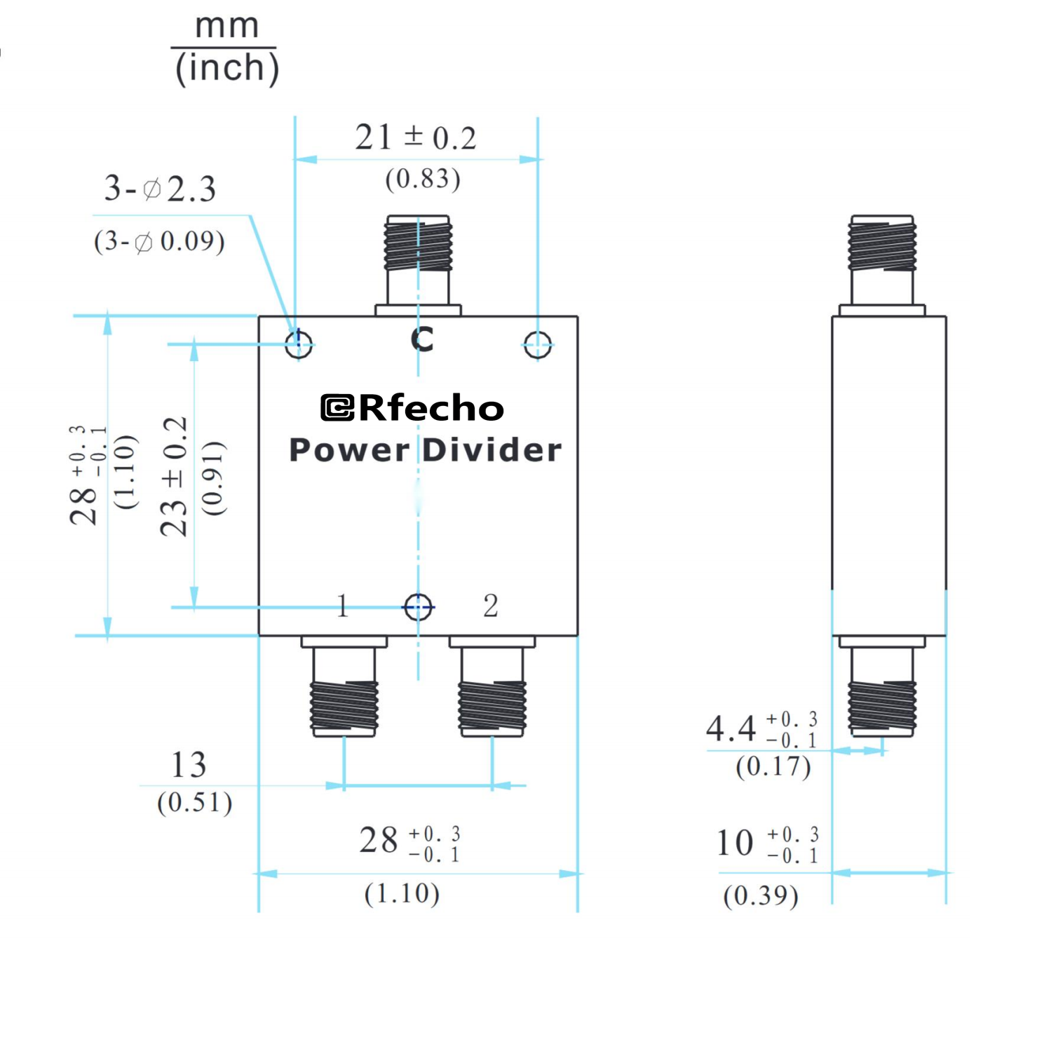 1-2GHz Insertion Loss 0.35dB SMA Connector 0° Power Divider-Outline