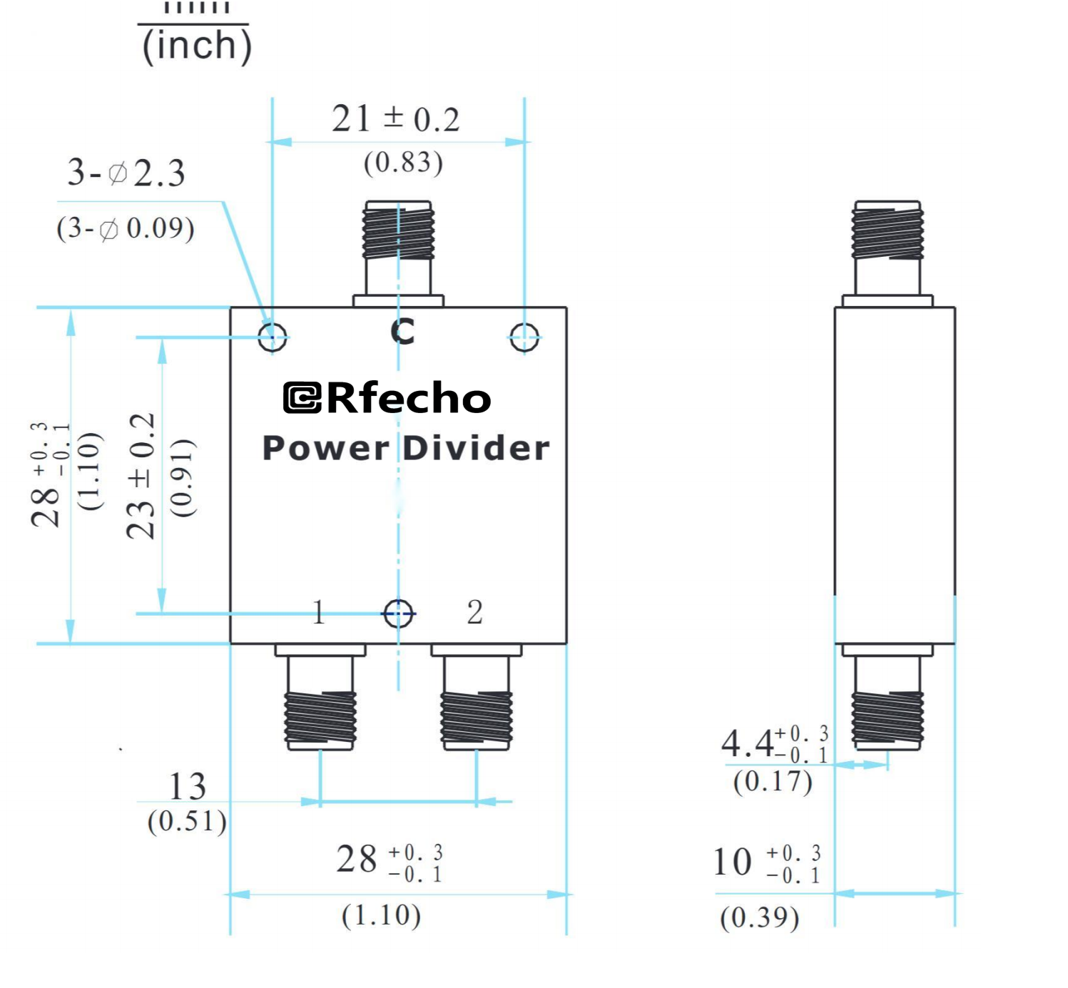 2-4GHz Insertion Loss 0.35dB SMA Connector 0° Power Divider-Outline