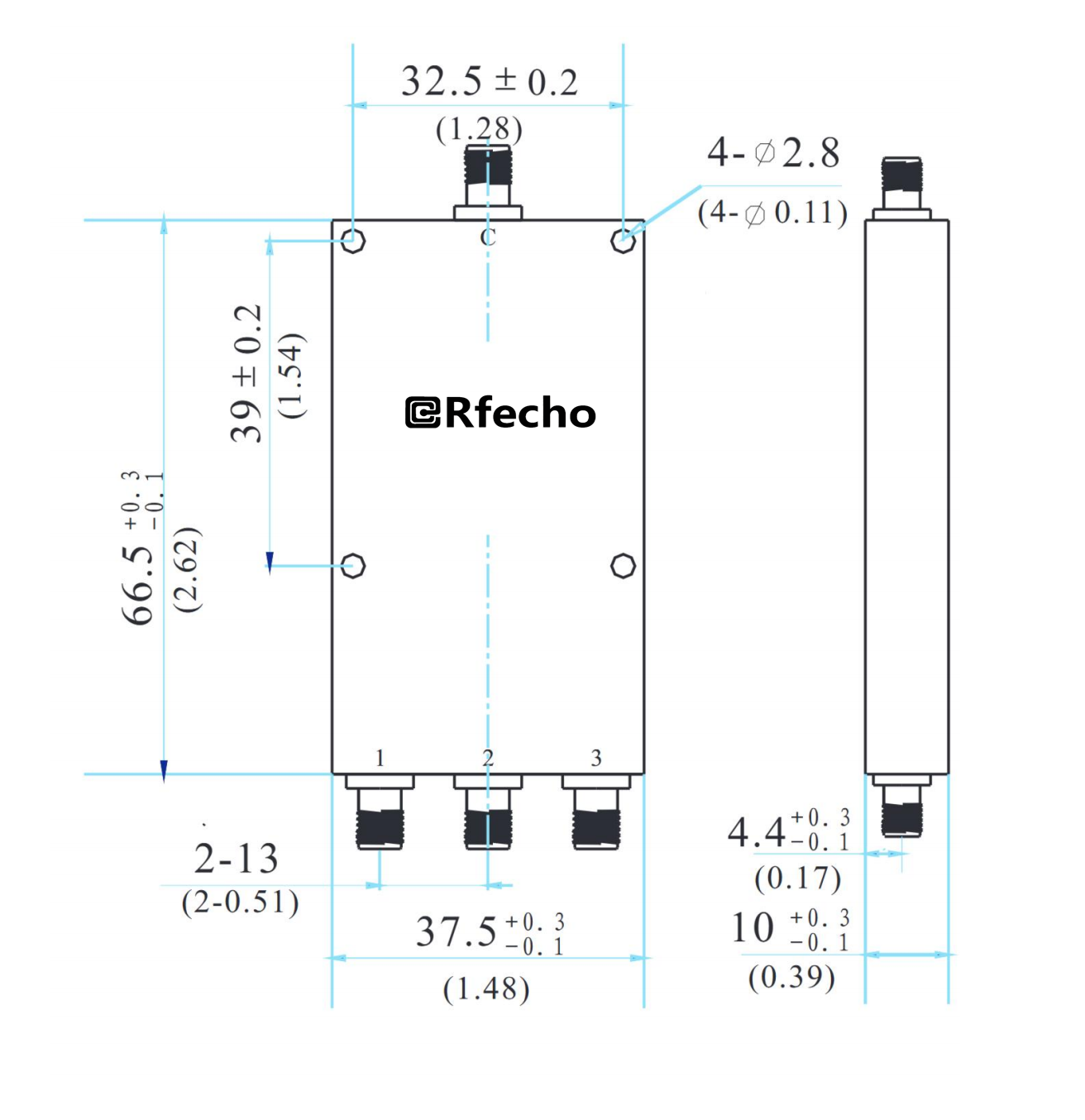 2-8GHz Insertion Loss 1.30dB SMA Connector 0° Power Divider-Outline