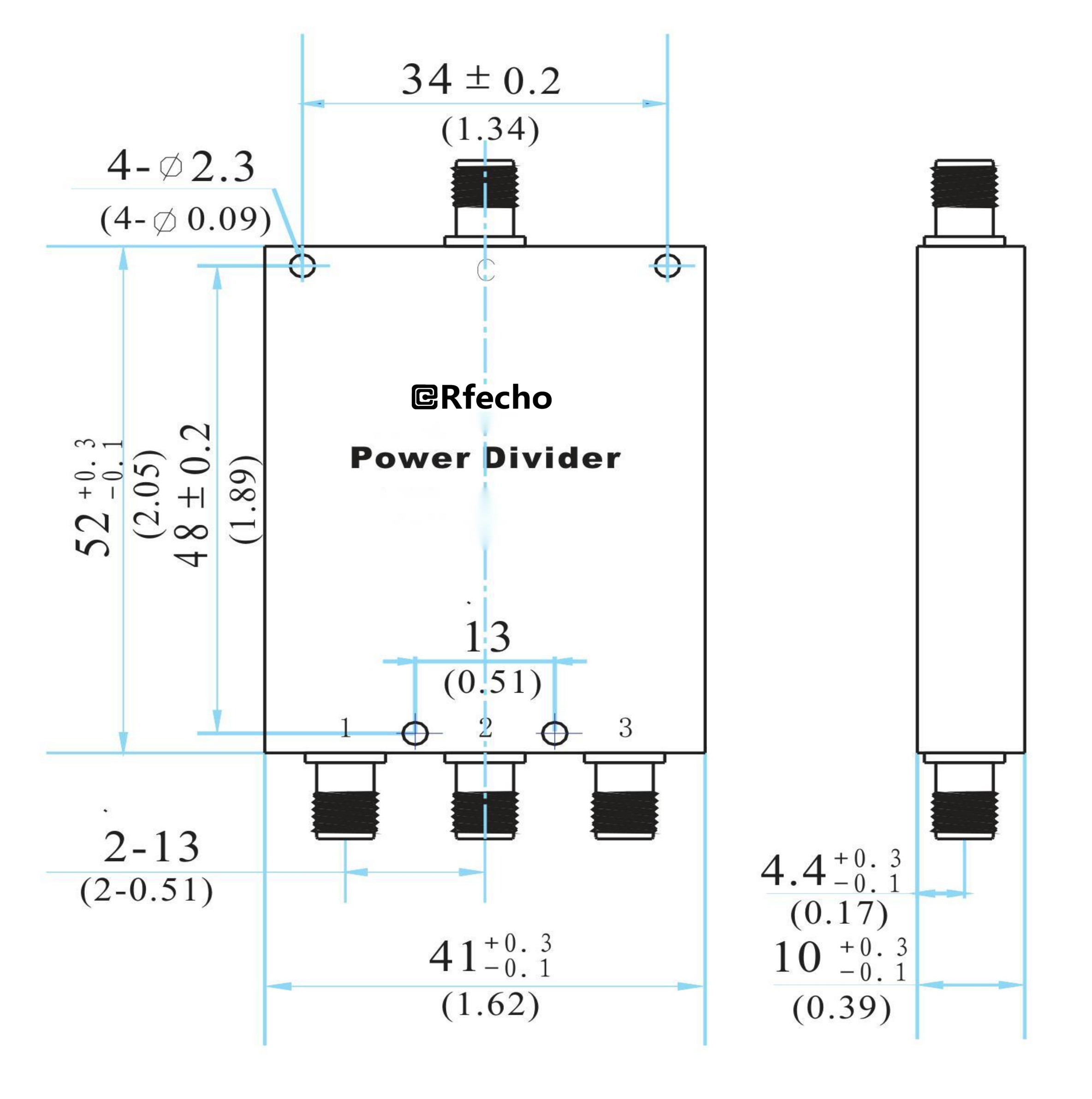 2-4GHz Insertion Loss 0.60dB SMA Connector 0° Power Divider-Outline