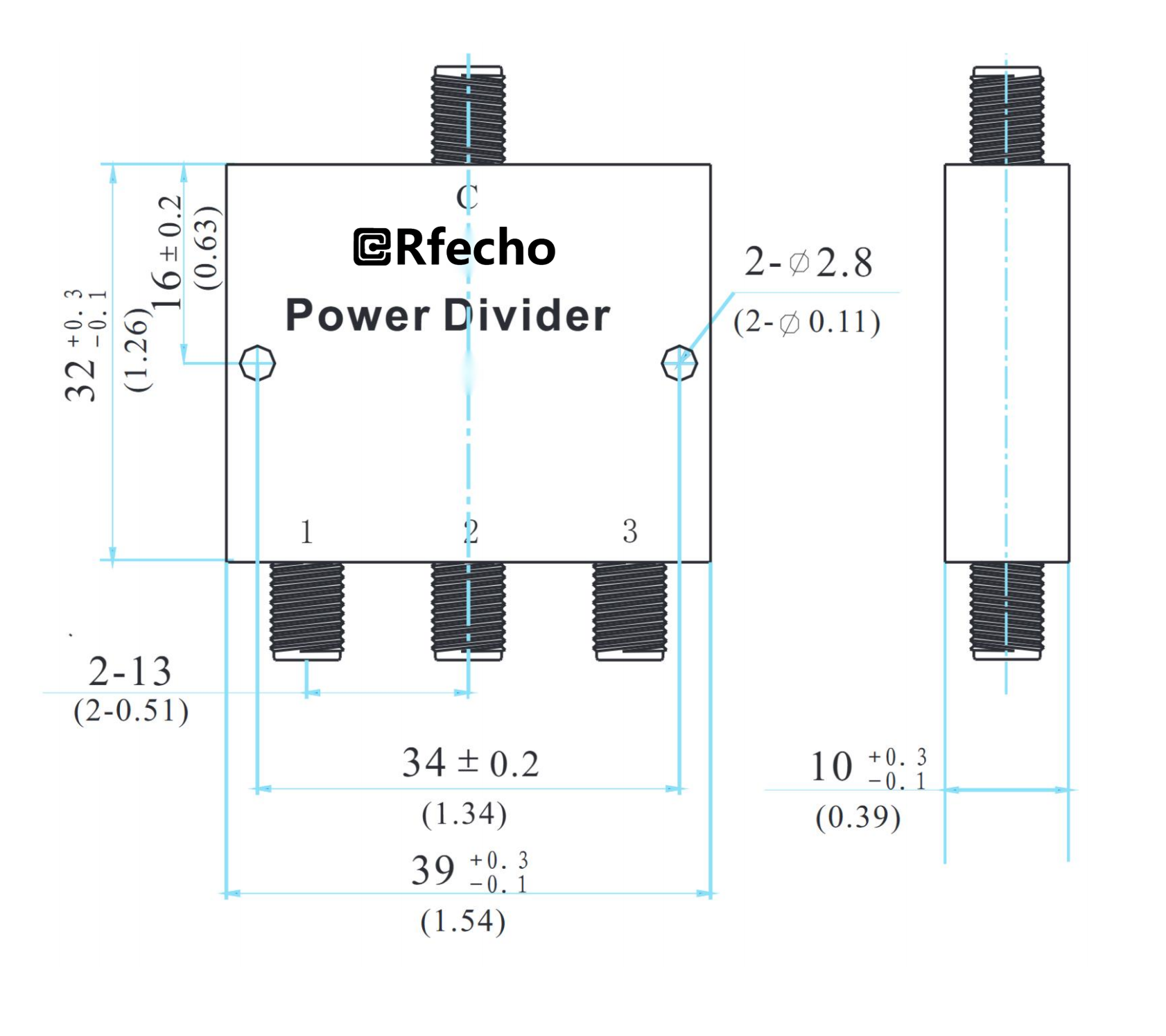 8-18GHz Insertion Loss 1.20dB SMA Connector 0° Power Divider-Outline