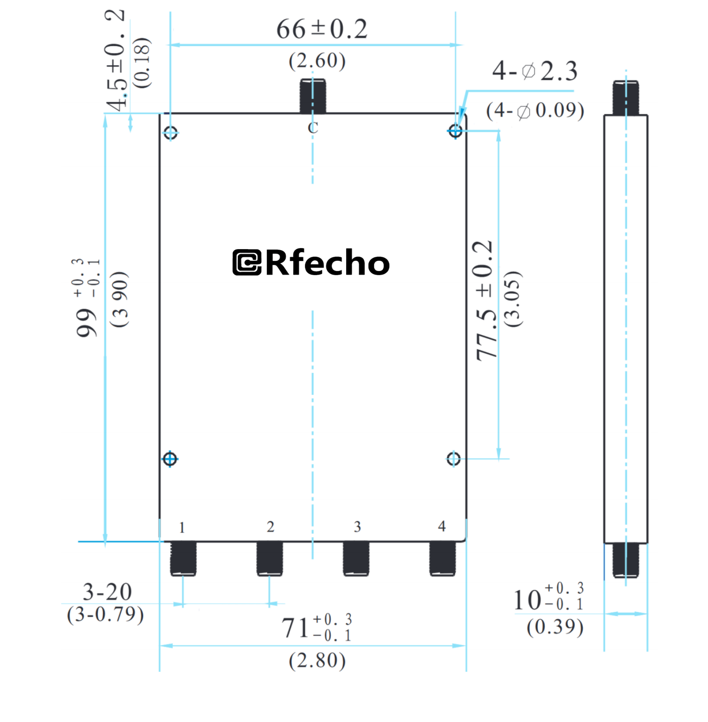 1-18GHz Insertion Loss 2.9dB SMA Connector 0° Power Divider-Outline