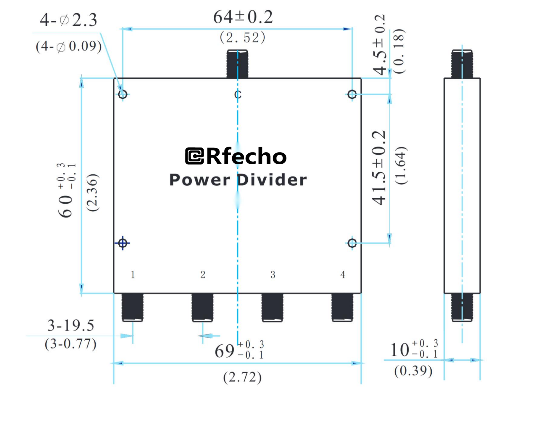 2-18GHz Insertion Loss 2.20dB SMA Connector 0° Power Divider-Outline