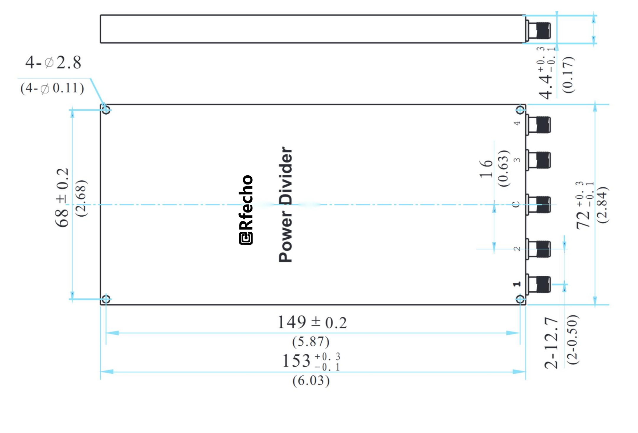 0.5-6GHz Insertion Loss 1.80dB SMA Connector 0° Power Divider-Outline
