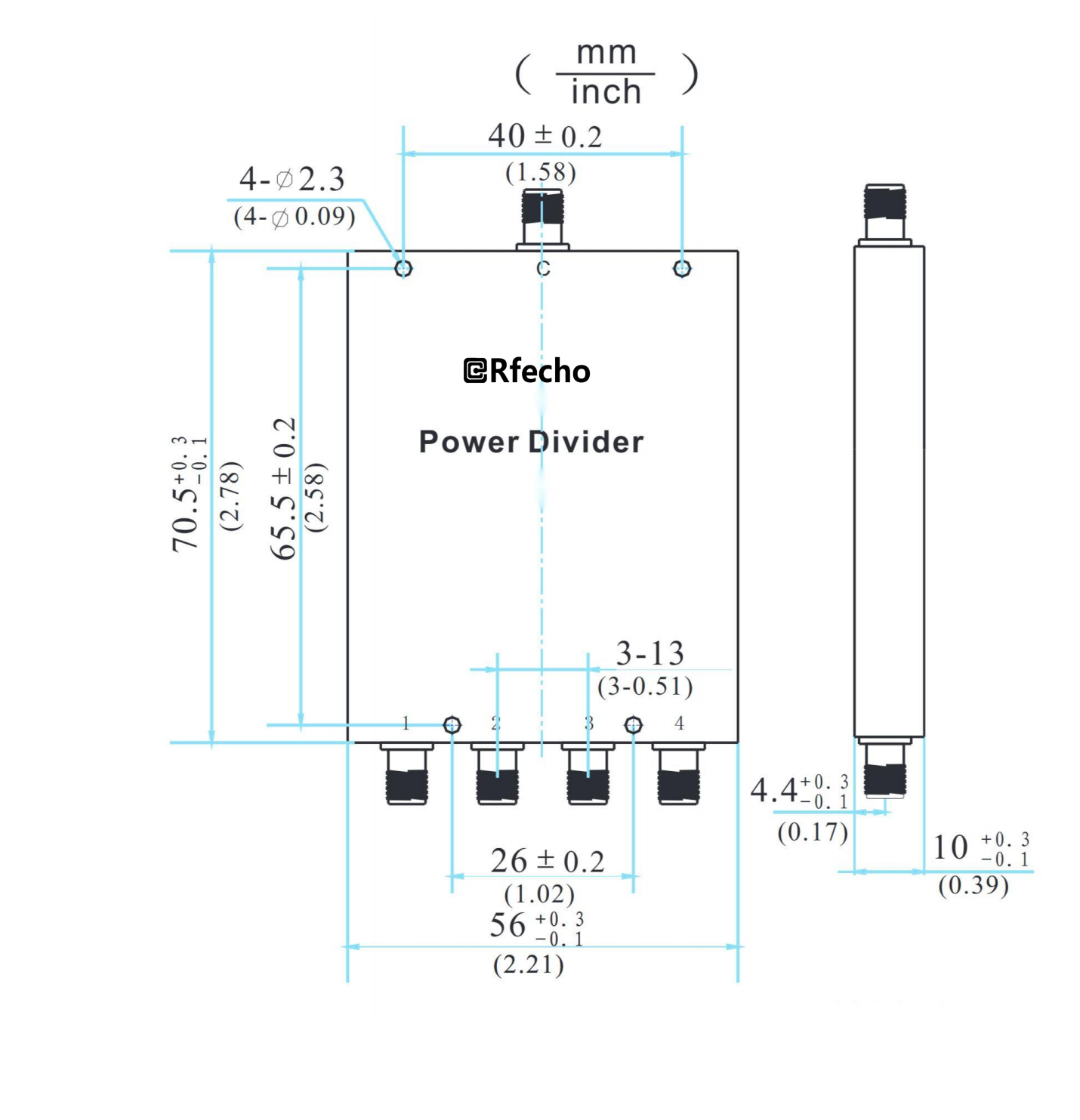 1-8GHz Insertion Loss 2.20dB SMA Connector 0° Power Divider-Outline