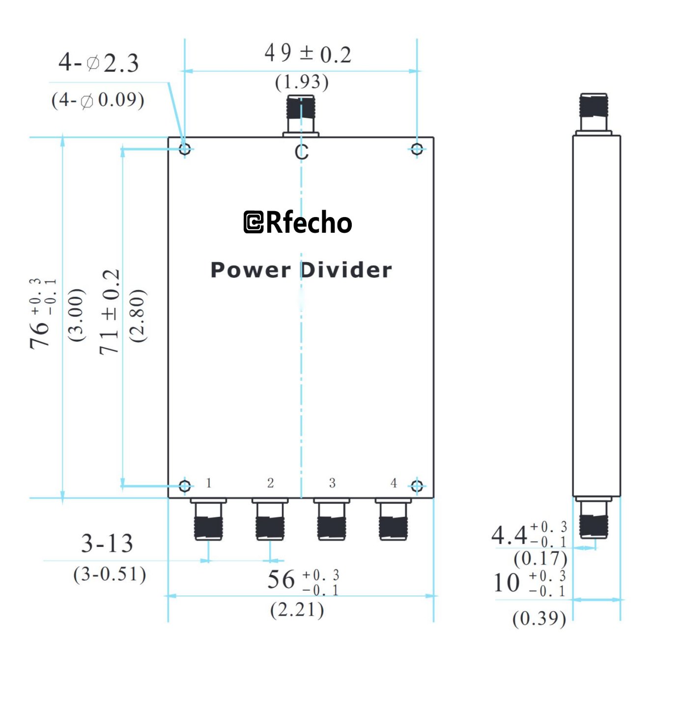 0.5-2GHz Insertion Loss 1.00dB SMA Connector 0° Power Divider-Outline