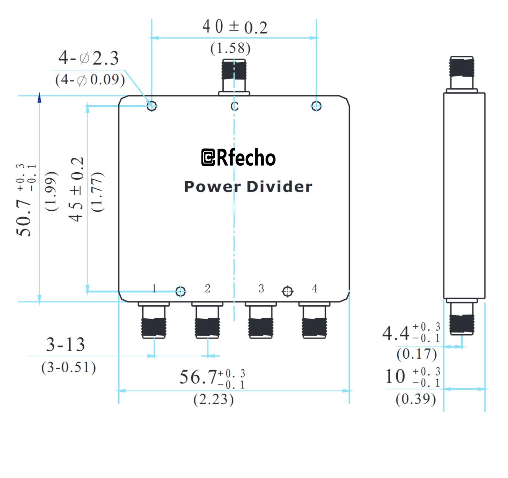 0.8-2.5GHz Insertion Loss 0.7dB SMA Connector 0° Power Divider-Outline