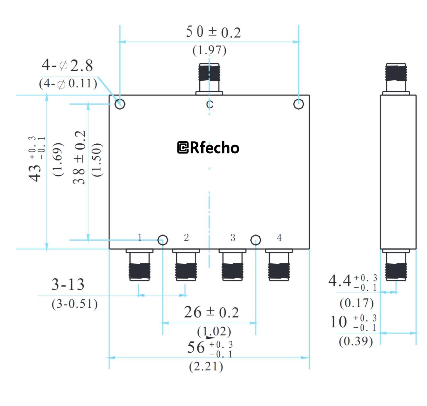 1-4GHz Insertion Loss 0.80dB SMA Connector 0° Power Divider-Outline