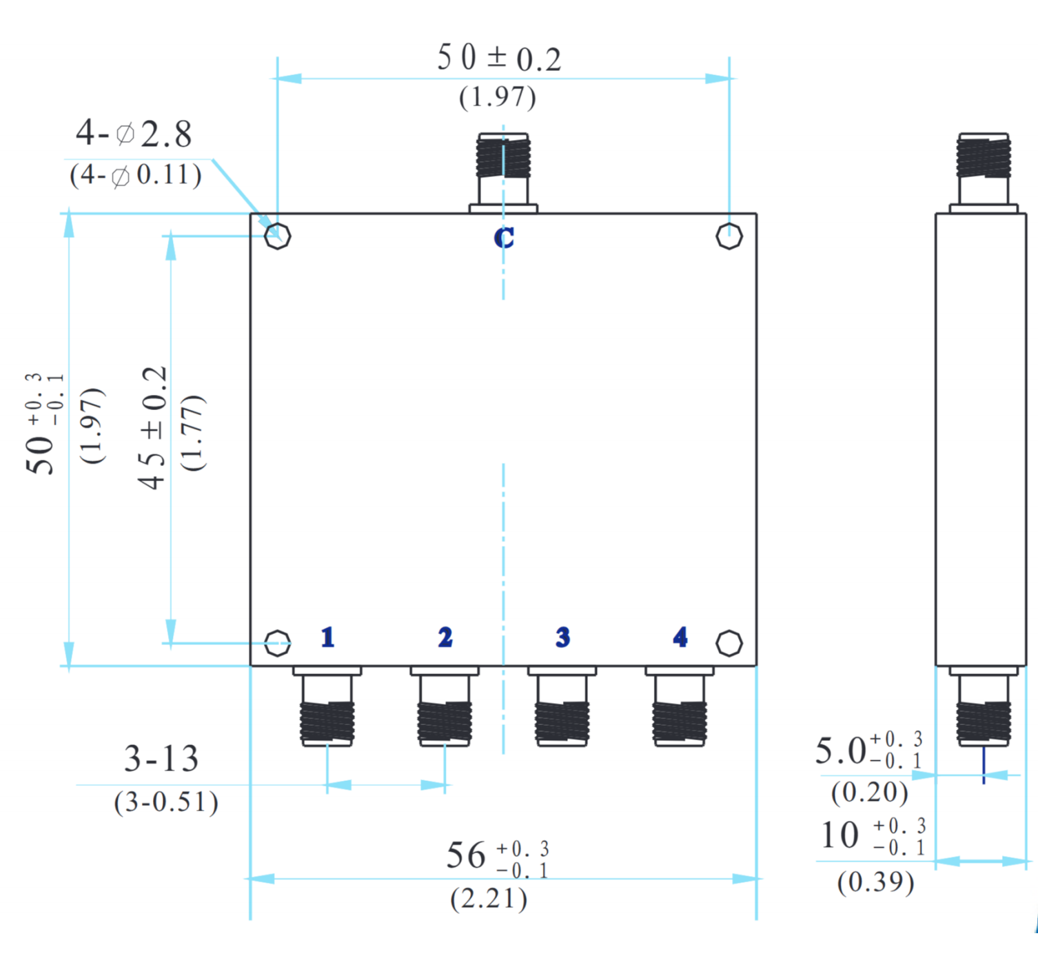 2-8GHz Insertion Loss 1.20dB SMA Connector 0° Power Divider-Outline