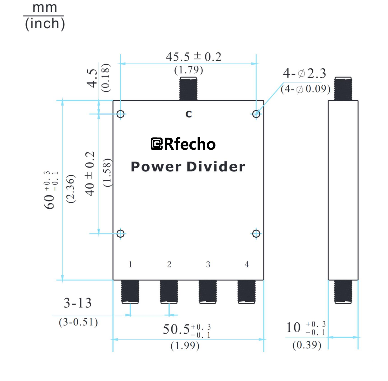 4-18GHz Insertion Loss 1.60dB SMA Connector 0° Power Divider-Outline