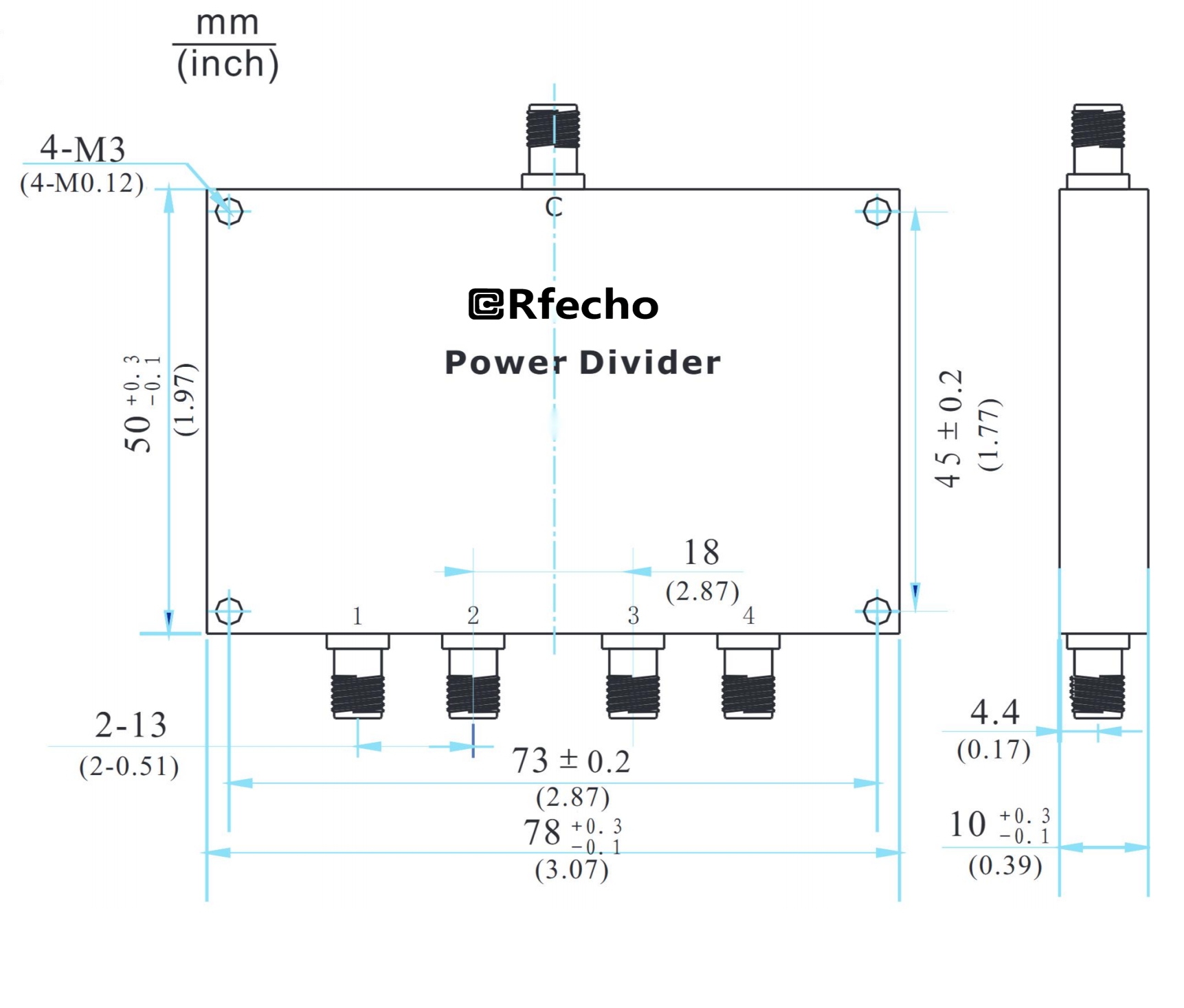 0.5-1GHz Insertion Loss 0.60dB SMA Connector 0° Power Divider-Outline
