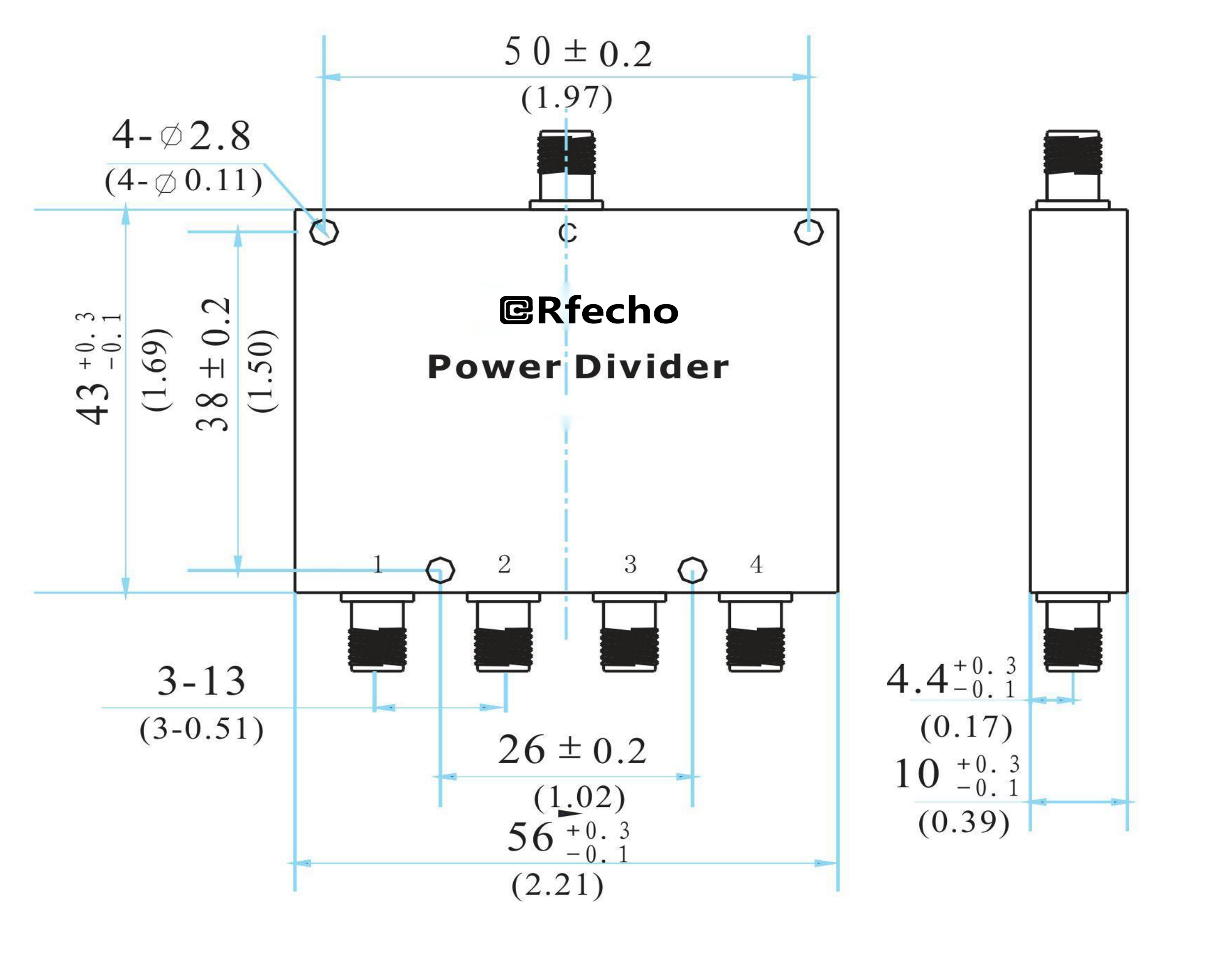 1-2GHz Insertion Loss 0.60dB SMA Connector 0° Power Divider-Outline