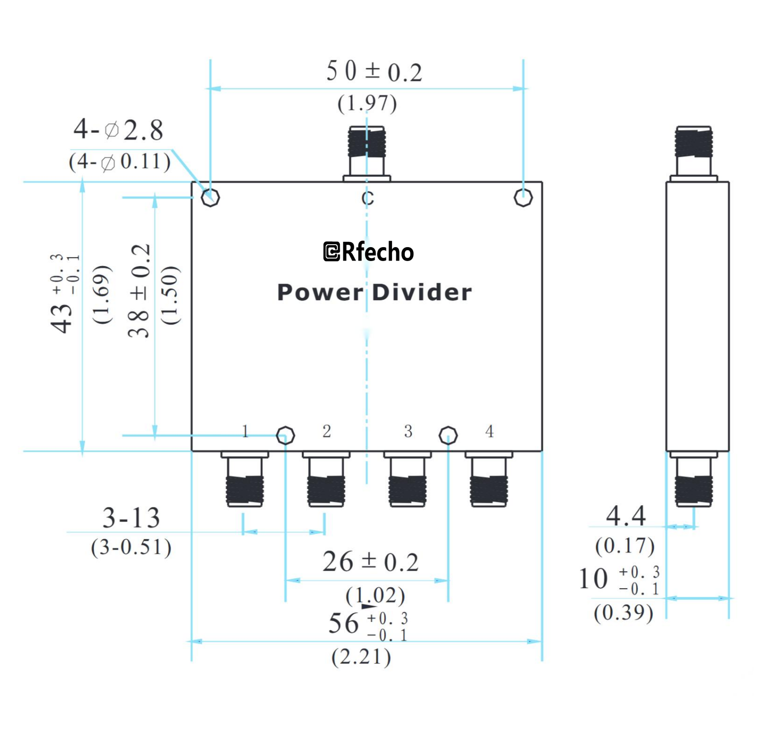 2-4GHz Insertion Loss 0.60dB SMA Connector 0° Power Divider-Outline