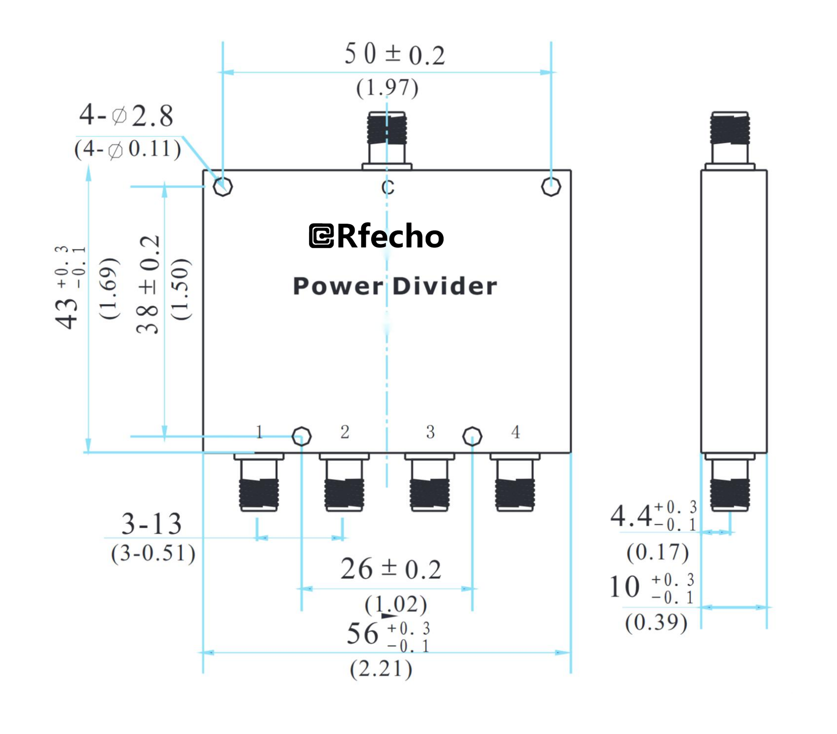 4-8GHz Insertion Loss 0.80dB SMA Connector 0° Power Divider-Outline